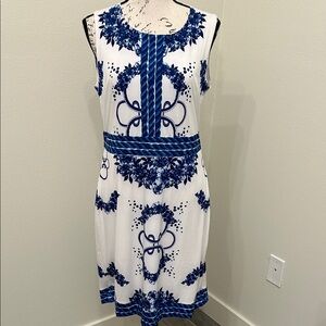 eci New York Blue and White Patterned Midi Dress